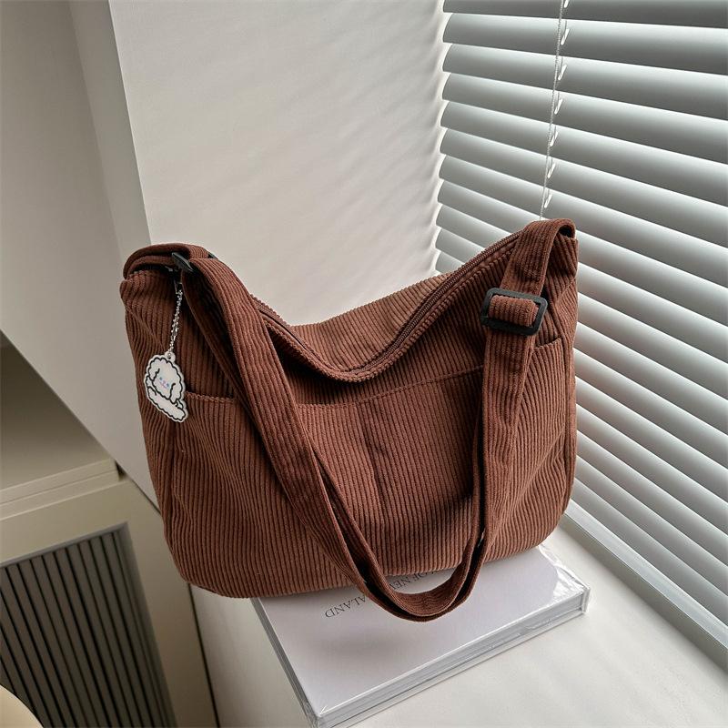Damen Cord Schultertasche, Lässige Gestreifte Tragetasche mit Großem Fassungsvermögen und Reißverschluss, Niedlicher Hut-Aufnäher, Perfekt für den täglichen Gebrauch
