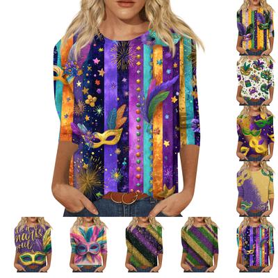 Women's Fashion Casual Round Neck Three-quarter Sleeve Carnival Print T-shirt Top
