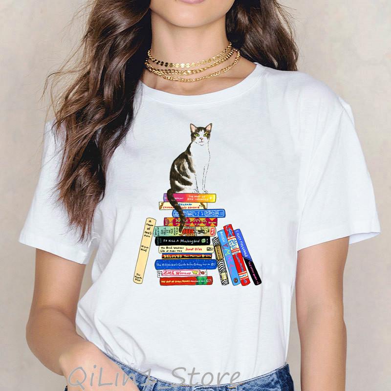 

Cats Love Reading Book Funny T Shirts Women Kawaii Tshirt Summer 2025 White Female T-Shirt Cute Animal Print Cats Lover Tops Tee XXXL білий