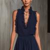 Women Sleeveless Halter Neck Ruffle Lace Trim Plisse Romper Solid Color Summer Jumpsuit