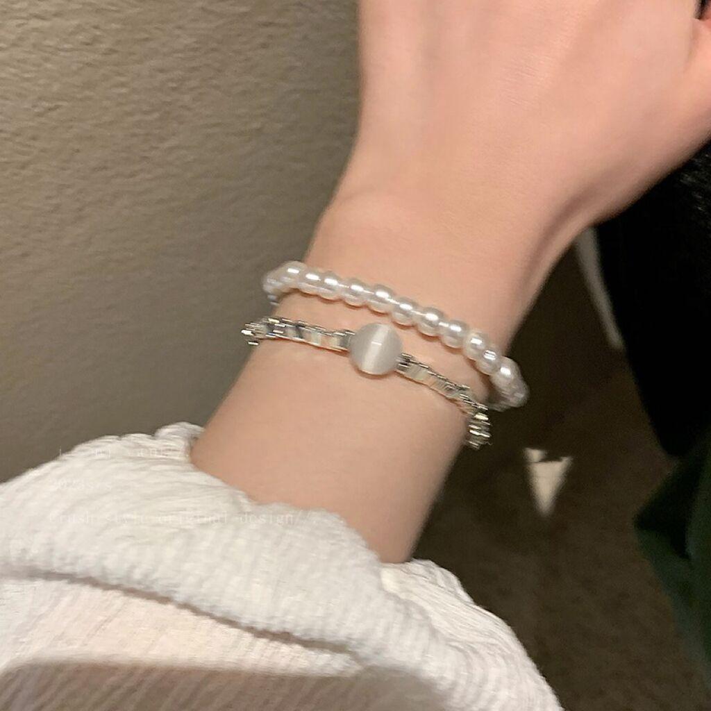 Broken Silver~ Moonstone Pearl Bracelet Women'S Light Luxury Niche Exquisite Bracelet Cold Wind Girlfriend Jewelry