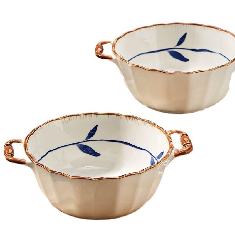 New Double-Ear Ceramic Soup Bowl - 10-Inch Underglaze Large Noodle Bowl for Chinese Household