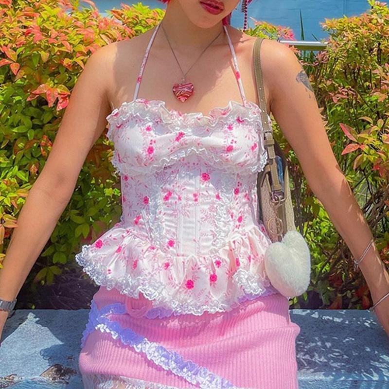 

Y2K E-girl Camisole Summer Women Floral Printing Lace Ruffles Hem Halter Backless Sling Crop Tops Sexy Streetwear 2023 M білий