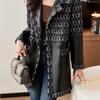 Fashionable and Elegant Winter Long Leather Jacket Splicing Design and Suit Collar