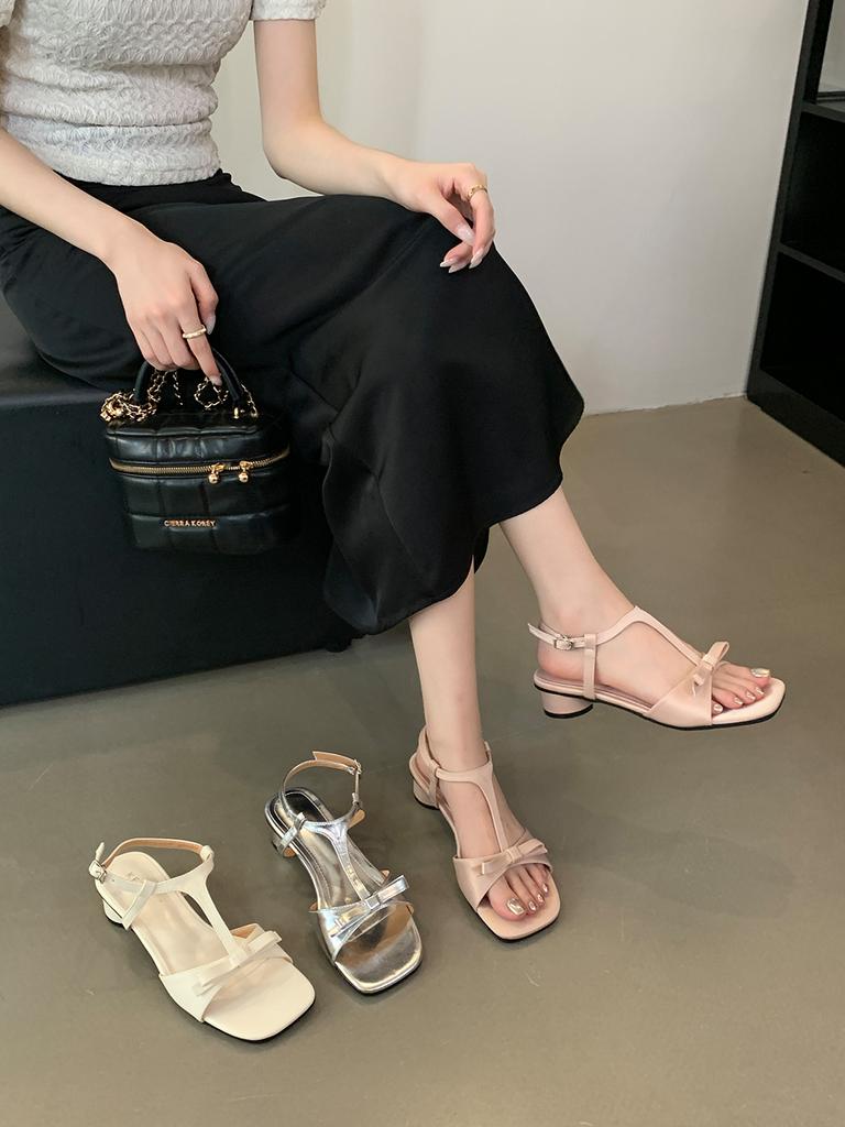 fashion Open Toe Women Sandals Beige Silver Pink Round Mid Heels Ankle Strap T Strap Summer Dress Shoes Woman Size 35-39 Bow Design