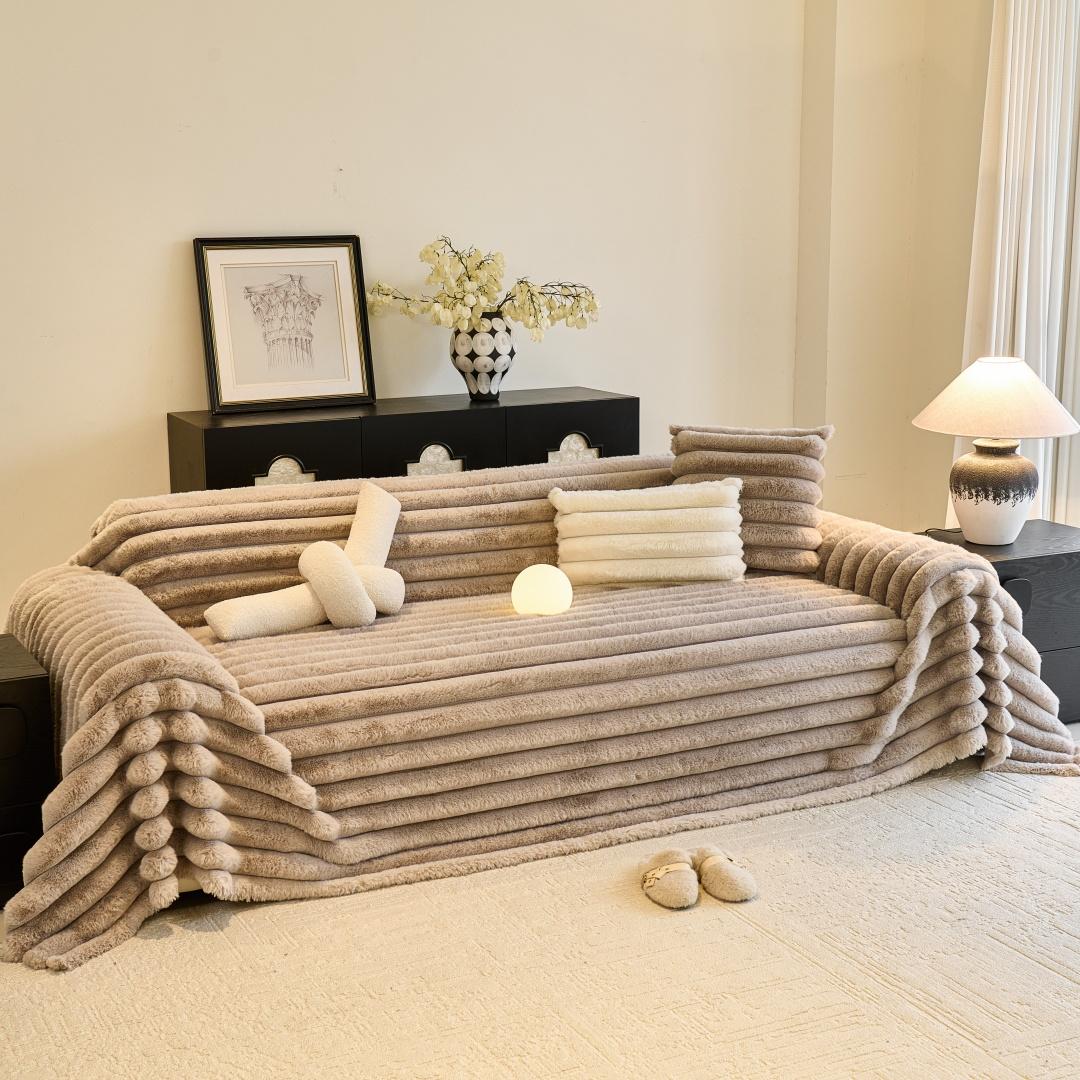 

Imitation Rabbit Fur Stripe Plush Sofa Towel One-Piece Sofa Blanket for Living Room Couch Towel 180x130cm хаки