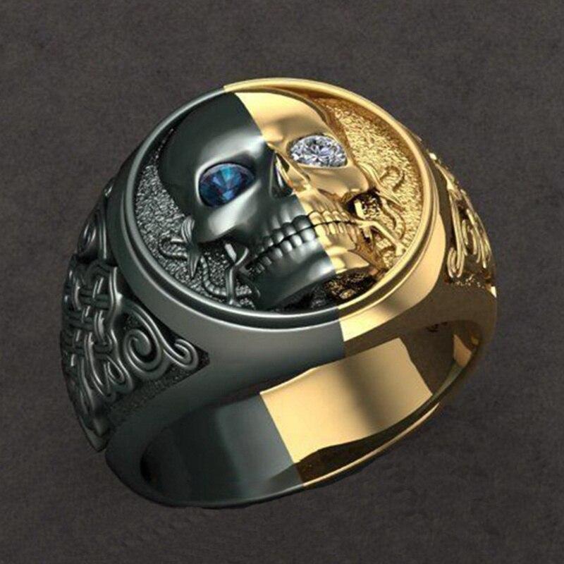 Exquisite zweifarbige blaue und weiße Totenkopf-Ringe für Männer, Punk-Hip-Hop-Zirkon-Ring, Party, Geburtstag, Jahrestag, Geschenk, ästhetischer Schmuck