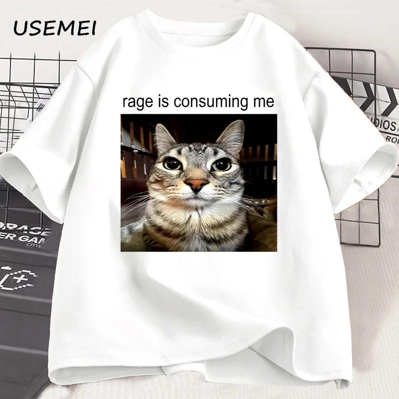 Rage Is Consuming Me Silly Staring Cat Meme Tee Shirt Casual Cotton Short Sleeve T-shirts Men Women Cat Lover T Shirt Oversized