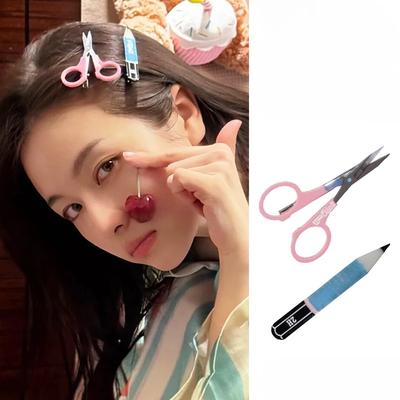 1pcs Funny Scissors Pencil Shaped Hairpin Women Girls Sweet Cute Fashion Simulation Scissors Bangs Side Clip Bangs Duckbill Clip