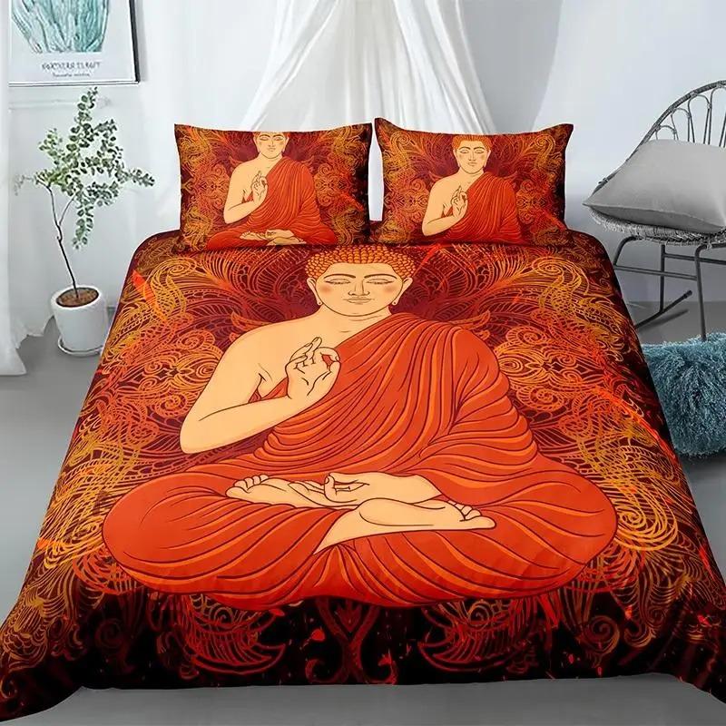 Buddha Duvet Cover Set King Size Exotic Ethnic Bohemian Bedding Set Microfiber Golden Buddha Statue Print Gorgeous Quilt Cover