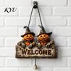 Spooky Home Entrance Decor Halloween Wooden Welcome Hanging Sign, Vintage Farmhouse Door Hanger with Skeleton Pumpkin Style Festive Ghost, Decorative