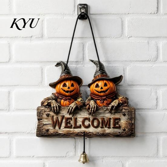 Spooky Home Entrance Decor Halloween Wooden Welcome Hanging Sign, Vintage Farmhouse Door Hanger with Skeleton Pumpkin Style Festive Ghost, Decorative