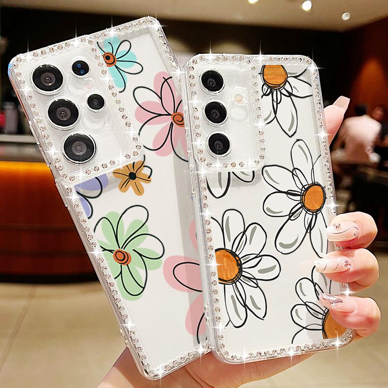 Cartoon Sunflower Soft Case For Samsung Galaxy A56 A55 A54 A36 A15 A16 A26 5G S25 Edge S24 S22 Ultra S23 FE Diamond Phone Cover