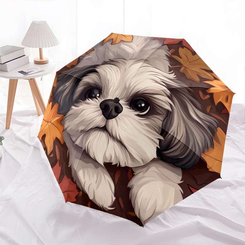 Shih Tzu and Fallen Leaves Pattern, Automatic Folding Umbrella, Portable and Foldable Design, 8 Ribs, a Christmas or Birthday Gift.