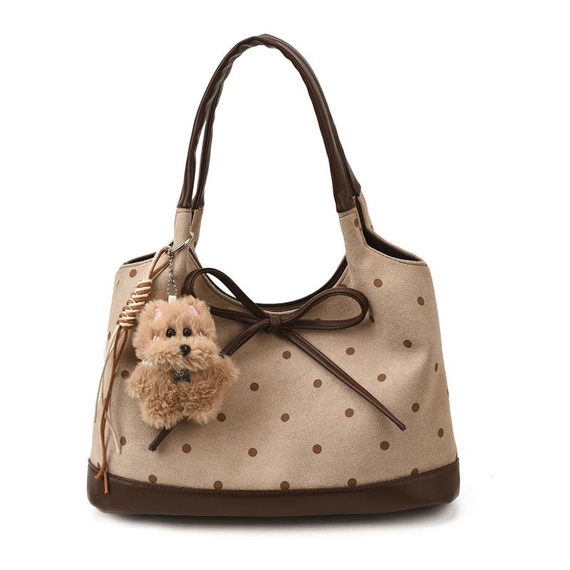 Borsa a Spalla Y2K Carina a Pois in Pelle Scamosciata per Donna Marrone Grande Capacità Borsa Tote Peluche Cane Ciondolo Fiocco Decorazione Borsa a Mano Retrò