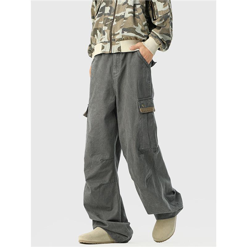 Khaki retro casual pants men's spring American high street big pocket tooling trousers loose versatile straight pants