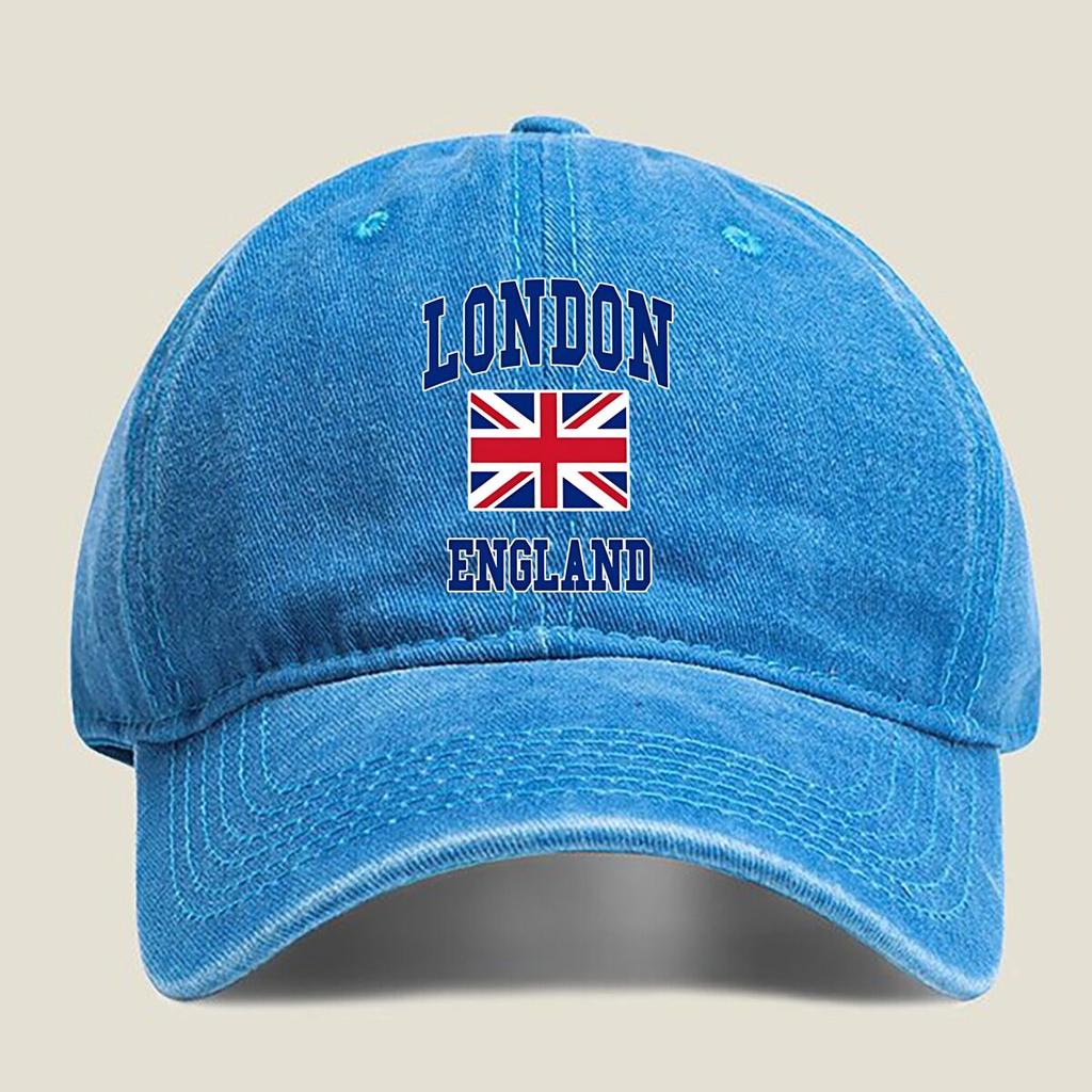 London England design with Union Jack flag and bold text national and location related Washed Baseball Cap