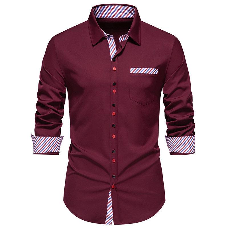 Spring Summer Triangle Collar Striped Color Blocked Men's Long Sleeved Shirt Top Shirts (men’s)