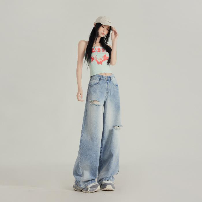 

Корейские рваные джинсы для женщин Весенние свободные узкие джинсы с высокой талией Широкие джинсы для женщин Рваные джинсы для женщин XL