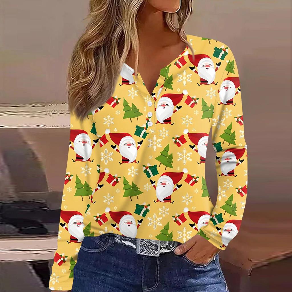 Damen T-Shirt mit Weihnachtsdruck, Knopfleiste, lange Ärmel, für den Alltag, Wochenende, modisch, Basic, V-Ausschnitt, normales Oberteil