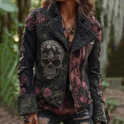 Women's Vintage Autumn Denim Jacket with Patchwork Print and Turn-up Cuffs