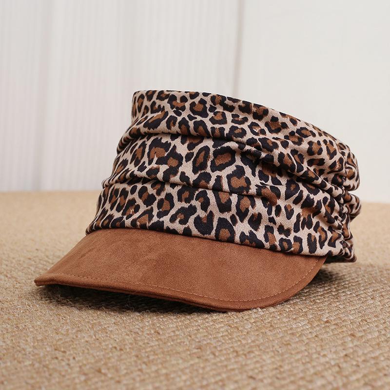 Suede leopard print color matching retro pleated equestrian hat women's spring and autumn new face small beret versatile sun hat