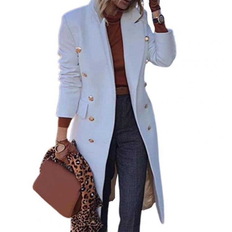 Winter Women's Wool Coat Double Breasted Knee Length Jacket Solid Color Lapel Design Fall Outerwear Plus Size Options