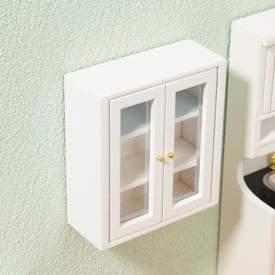 Dollhouse Wall Cabinet Realistic Clear Glass Door Mini 1/12 Doll House Miniature Wall Cabinet Model Simulation Furniture Accessories for Bathroom