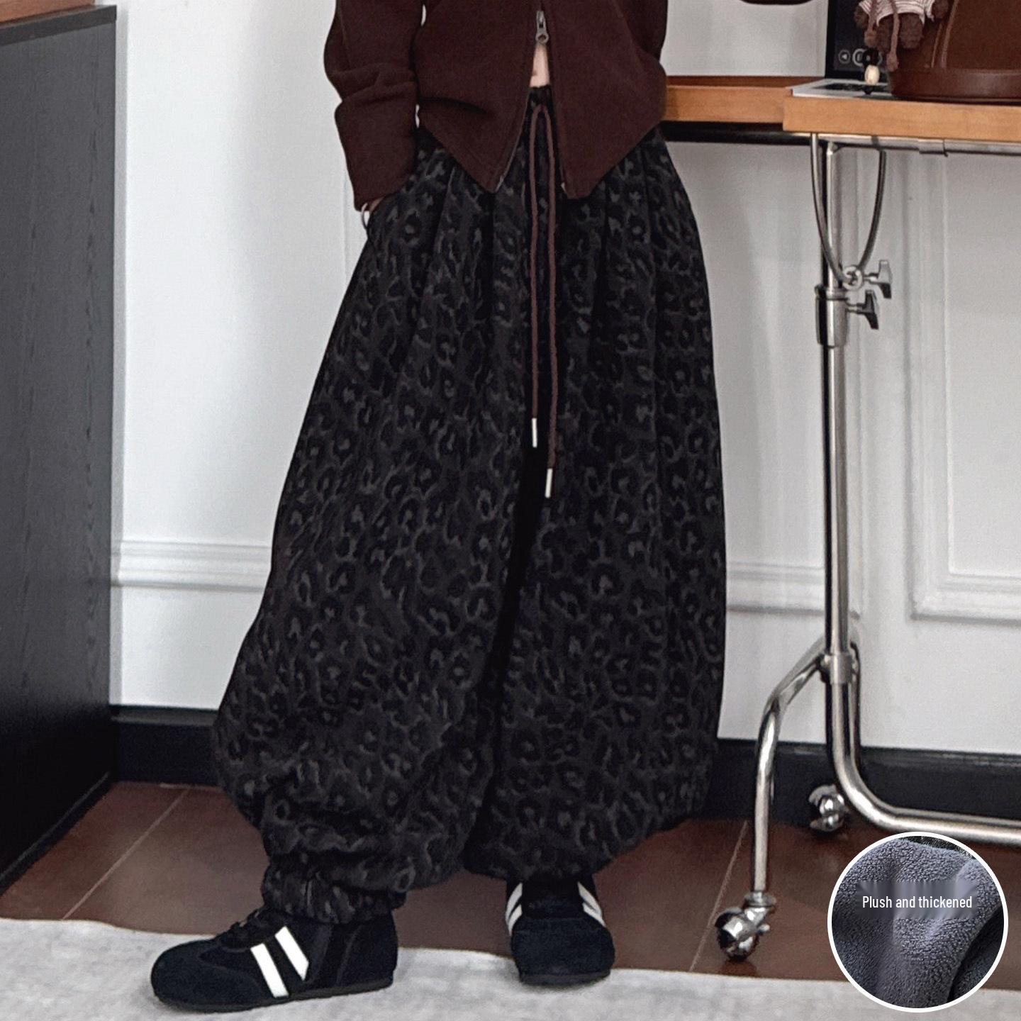 

Брюки-фонарики с флисовой подкладкой с леопардовым принтом - Корейский стиль, Утепленные спортивные штаны для девочек 160 cm