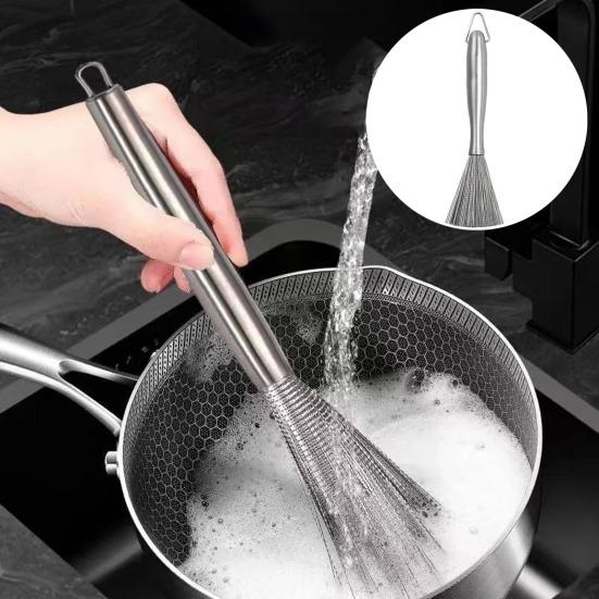 

Щетка для кастрюли с длинной ручкой, гибкая щетина, подвесное отверстие, портативная щетка для мытья посуды из нержавеющей стали, щетка для чистки кастрюли, кухонные инструменты