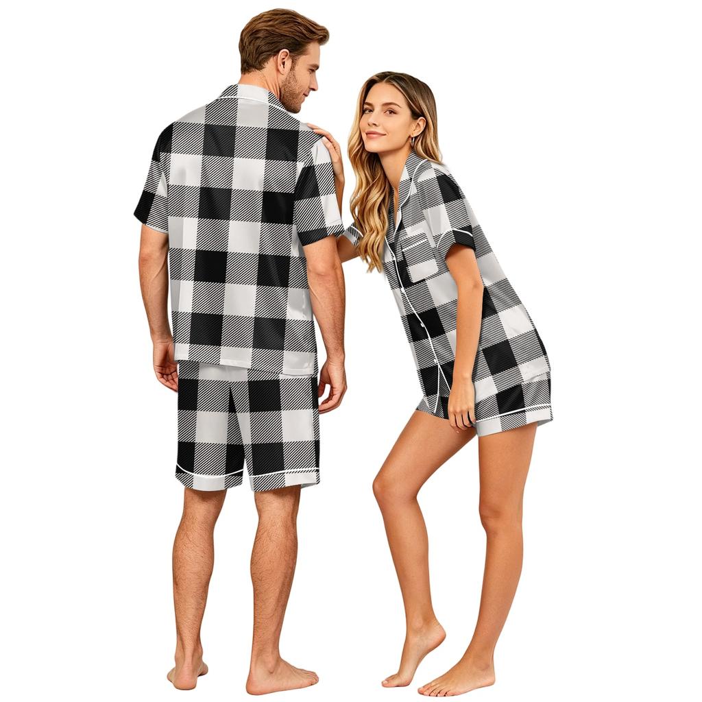 Couple Pajama Set Short Sleeve Button Down Shirt and Shorts Sleepwear Soft Casual Lounge Wear S-XXXXL