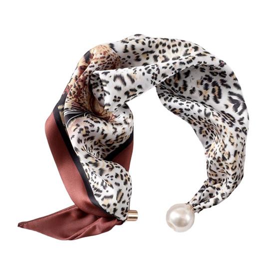 Women Silk Scarf Striped Leopard Dot Print Silk Scarf Necklace with Faux Pearl Magnetic Buttons Formal Wear Accessories