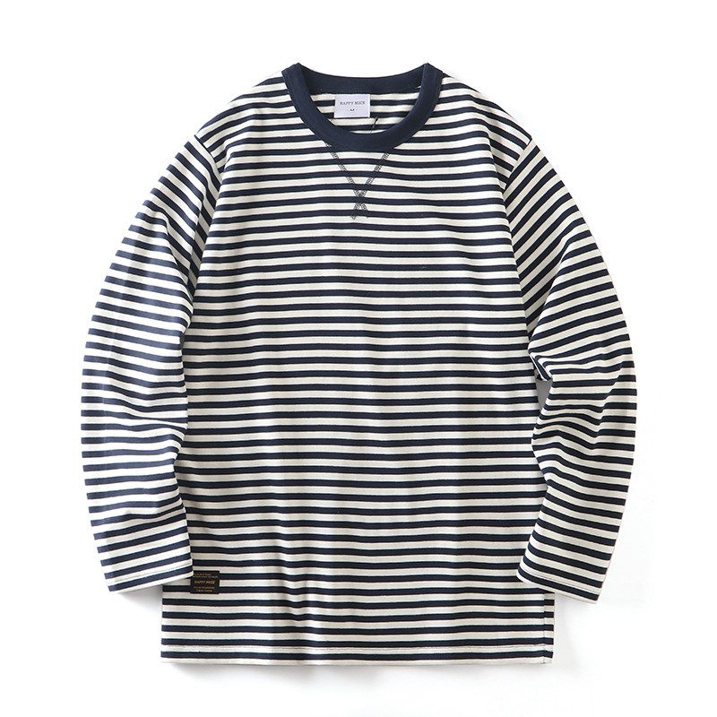 American Retro Heavyweight Pure Cotton Striped Long-Sleeve T-Shirt for Men, Autumn and Winter Sailor Shirt, Export Quality Trendy Brand Base Shirt