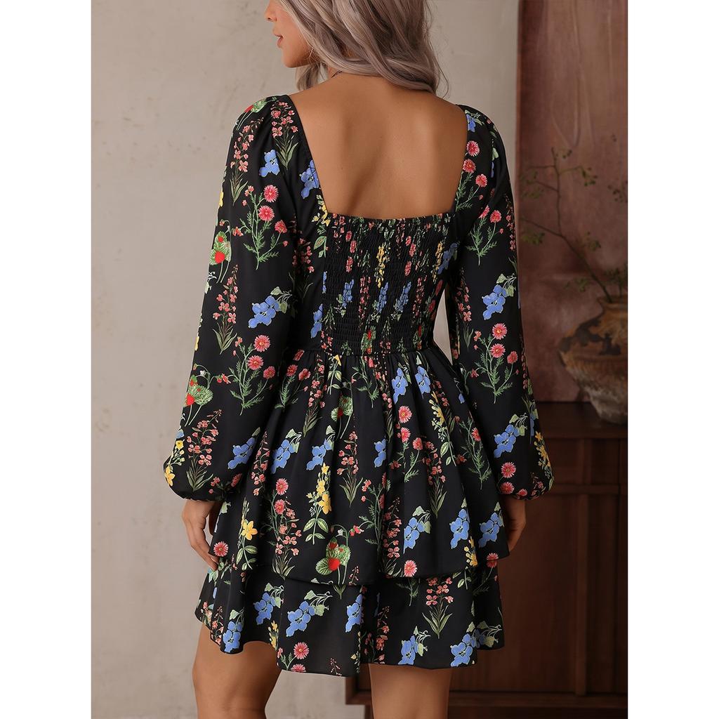 Retro Black Background Floral Square Neck Dress Long Sleeve High Waist Ruffle Edge Thin Small Print Short Skirt
