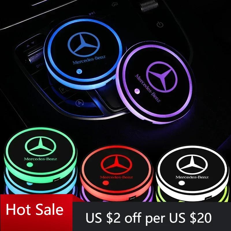 Hots 2 Stück LED beleuchteter Auto-Getränkehalter-Untersetzer für Mercedes Benz AMG C260 W204 W205 W211 W212 Auto Innenraum Ambientebeleuchtung Co