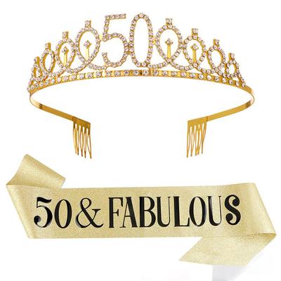 30- 50th  Birthday Anniversary Decoration Happy Women Glitter Crystal Crown Sash Set Birthday Satin Sash Party Supplies PDZS002
