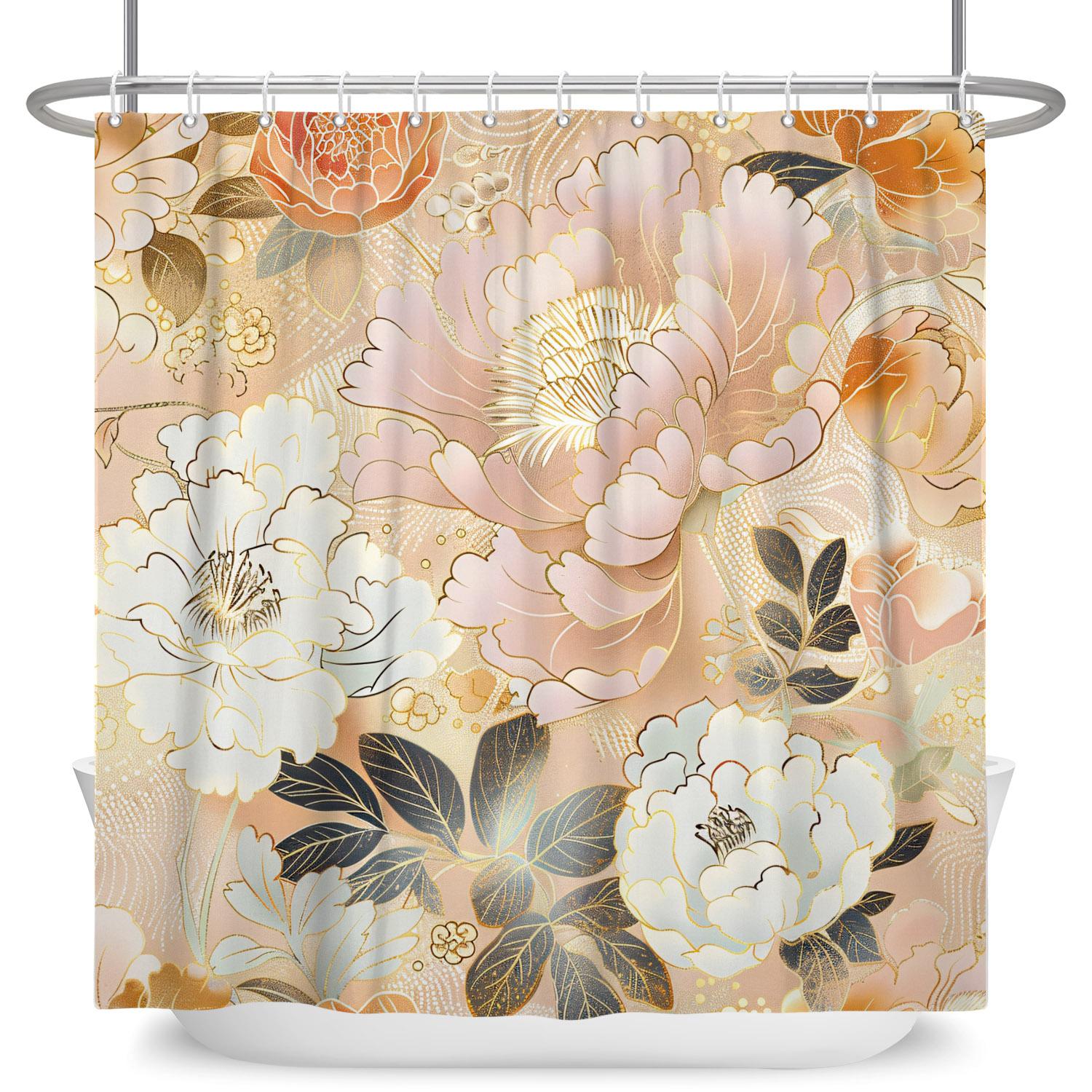 

Luxury Gold Floral Shower Curtain Elegant Peony Wave Print Waterproof Bath Curtain For Bathroom Decor Polyester Fabric With Hook W60H190(CM)-1 Pcs
