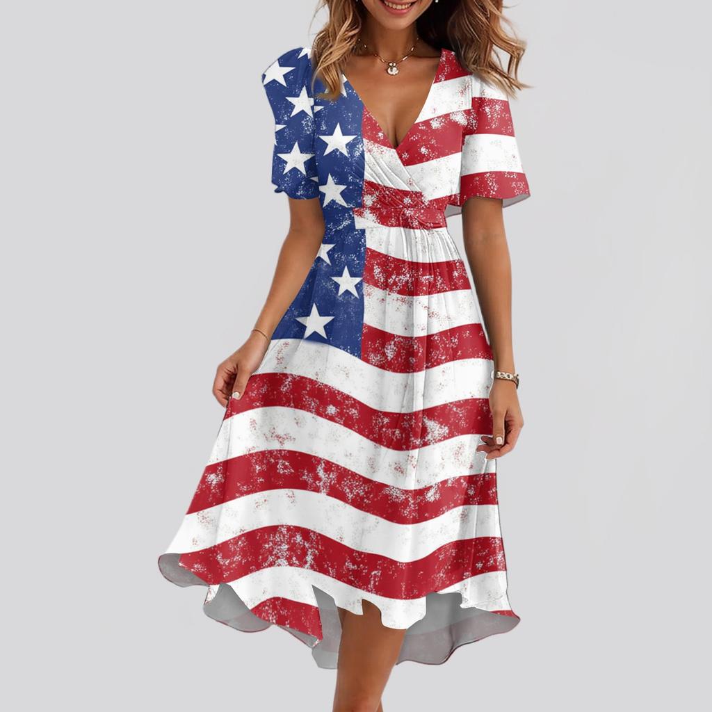 Kadın Bol Kesim Günlük V Yaka Kloş Etek Kısa Kollu Baskılı Elbise Baskılı Elbise