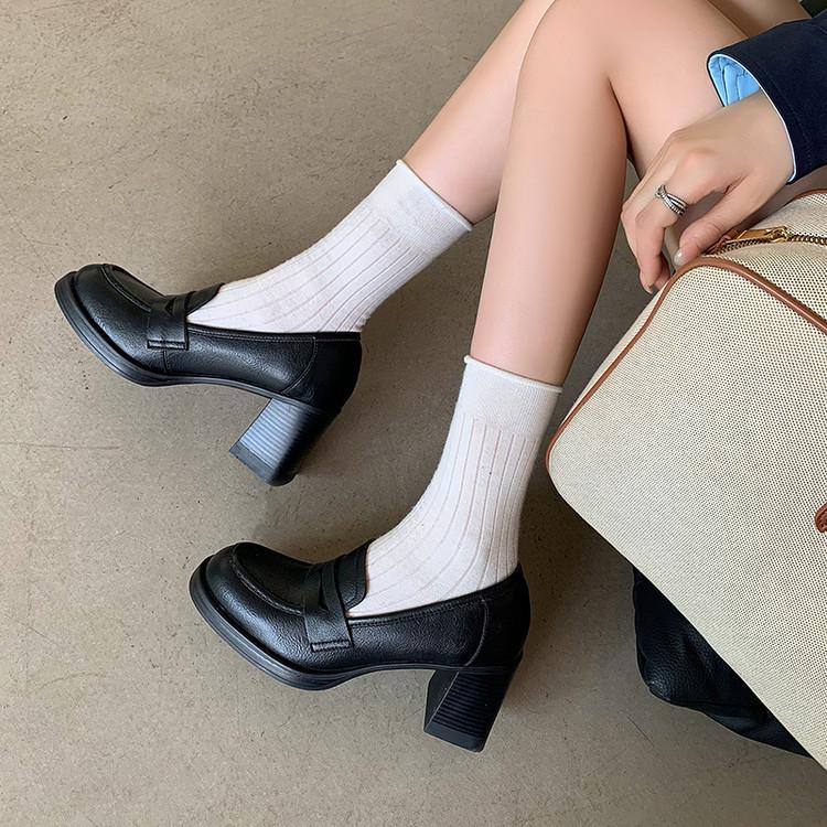 Heart melody~ Leather round head one-pedal loafers women's British style small leather shoes versatile thick high-heeled single shoes