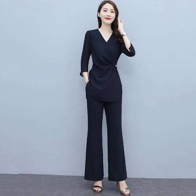 Solid Color Wide-leg Pants Suit Women's Summer Chiffon Temperament Professional Leisure Two-piece Fabric Light and Breathable