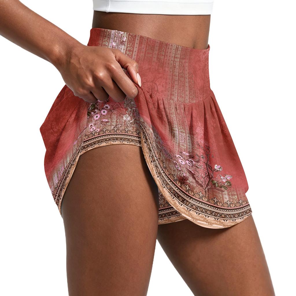 Women's Vintage Floral Print Pleated Tennis Skirt with Built-In Shorts for Running Yoga Fitness Casual Sportswear