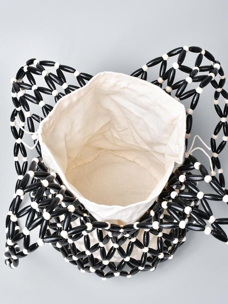 "Women's Summer Hollow Wooden Bead Woven Bucket Shoulder Bag"