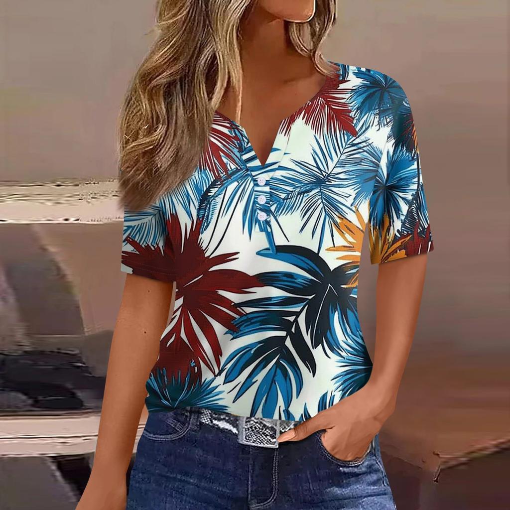 Women's T Shirt Print Button Short Sleeve Daily Weekend Fashion Basic V- Neck Regular Top