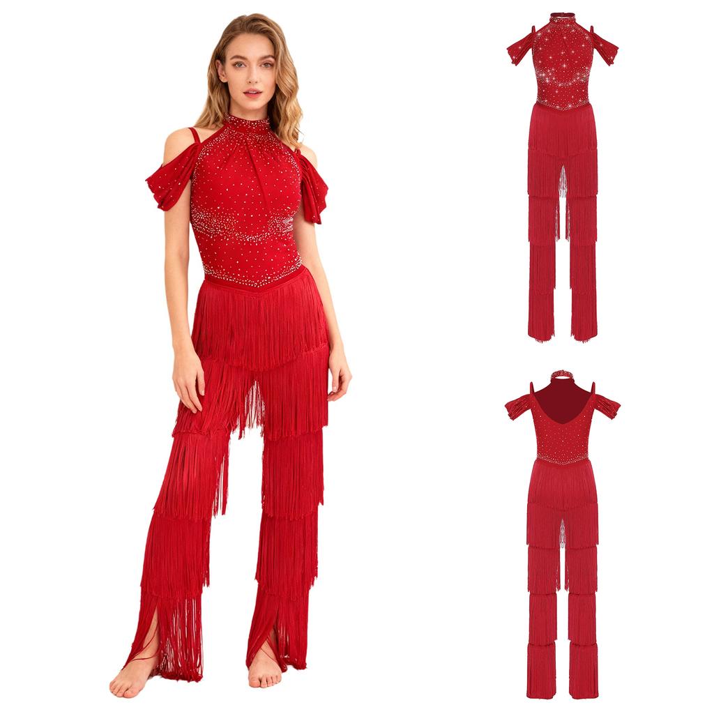 Damen Latein-Tanzparty Jumpsuit S-XXL: Halter Off-Shoulder rückenfreie Strampler mit Strasssteinen, mehrstufigen Quasten für Samba, Rumba, Gesellschaftstanz