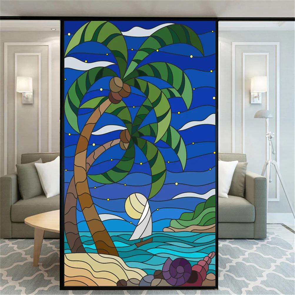 

Static Cling Privacy Windows Film Decorative Colorful Painting Sea Stained Glass Window Stickers Frosted Window Cling (as the picture,40x60cm WxH)
