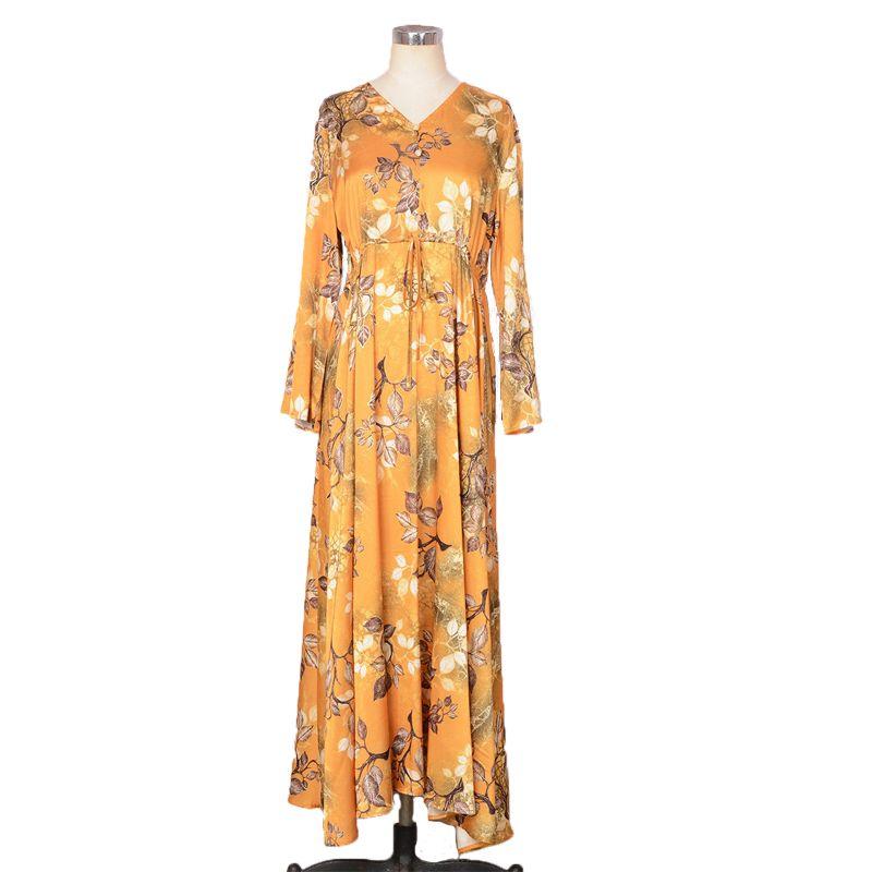 2025 Middle East Robe New Print European and American Yellow Waist Hugging Slimming Long sleeve Big Hemline Dubai Dress Dress