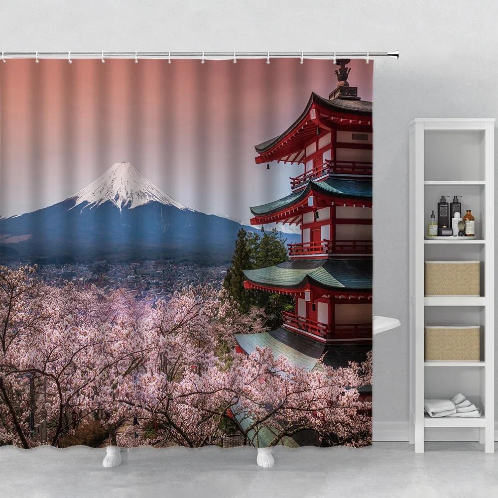 Plant Leaves Flower Bath Curtains Set Garden Floral Drum Tower Fabric Bathroom Decor Splash Resistant Partition Bath Curtains