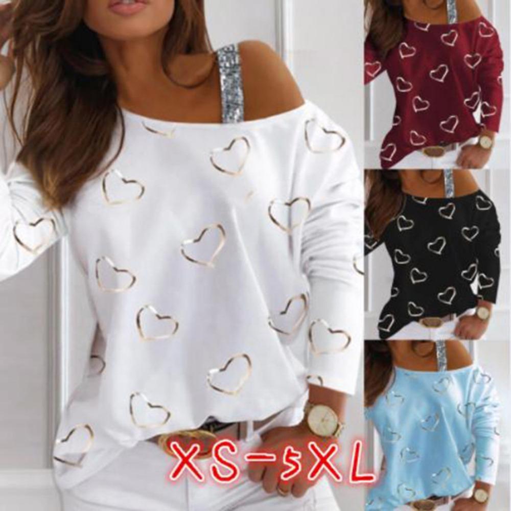 Off Shoulder Sequin Fashion Pullover Long Sleeve T Shirt Street Trendy Womens Top