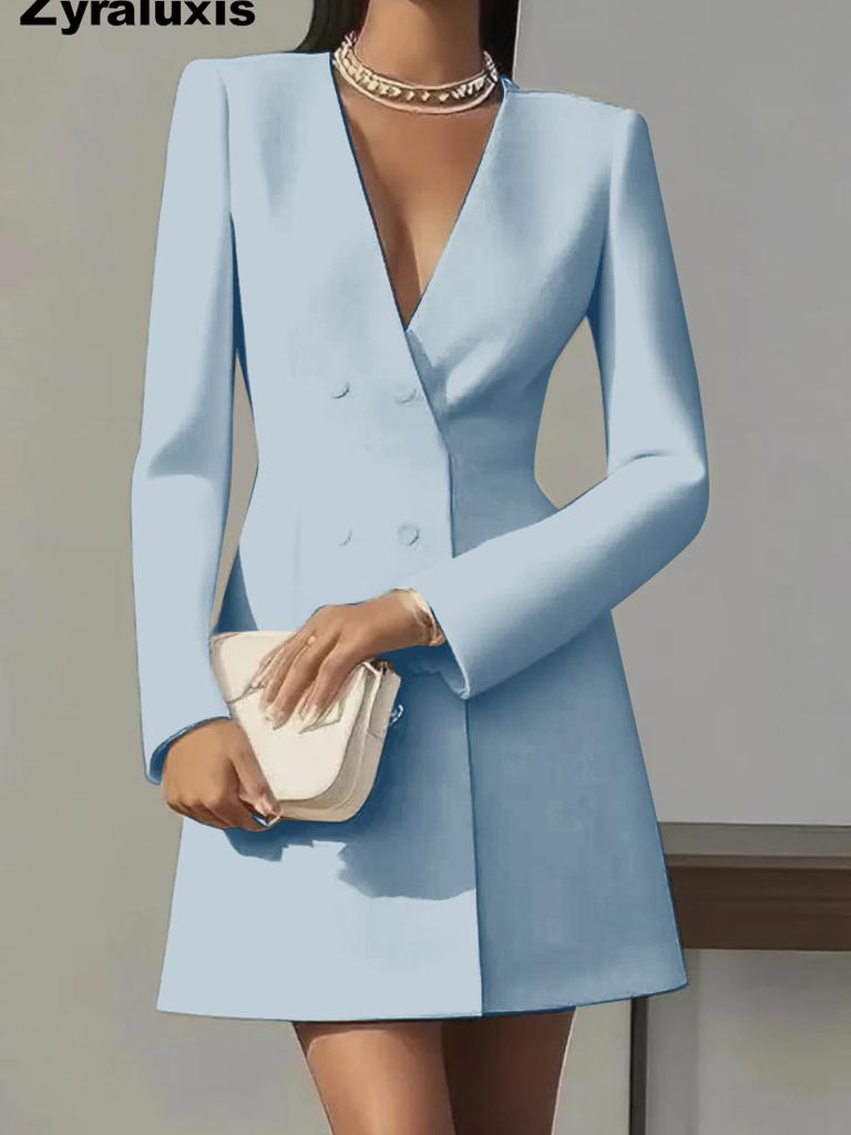 Hot Selling Overseas Long Sleeve Double Row Button Solid Color V-Neck Suit Dress for Girls