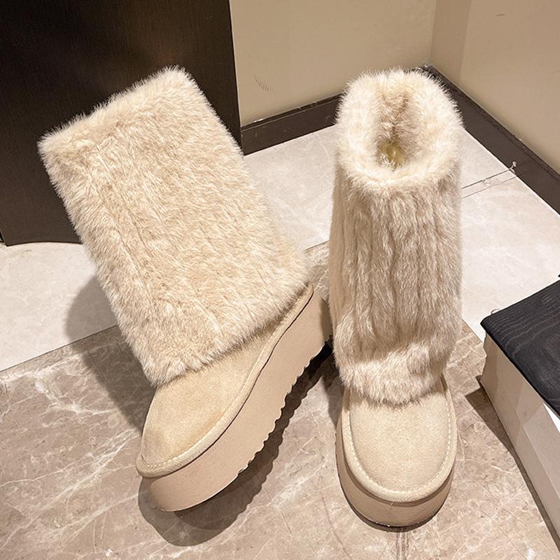 Women Snow Boots Mid-Calf Fur Integrated Winter Cotton Shoes Non-slip Faux Fox Fur Plush Thick Sole Fashion Furry